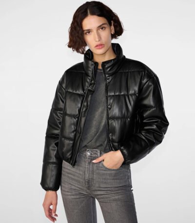 Women's Faux Leather Puffer Jacket Black
