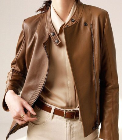Casual Brown Leather Jacket for Women