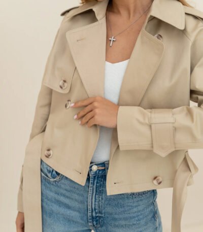 Cropped Beige Cotton Trench Coat