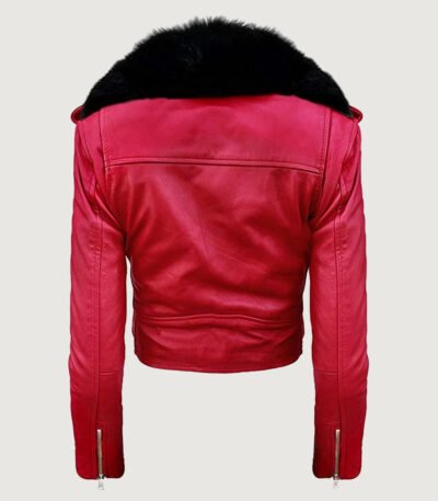 Detachable Genuine Fur Collar Moto Leather Jacket in Red