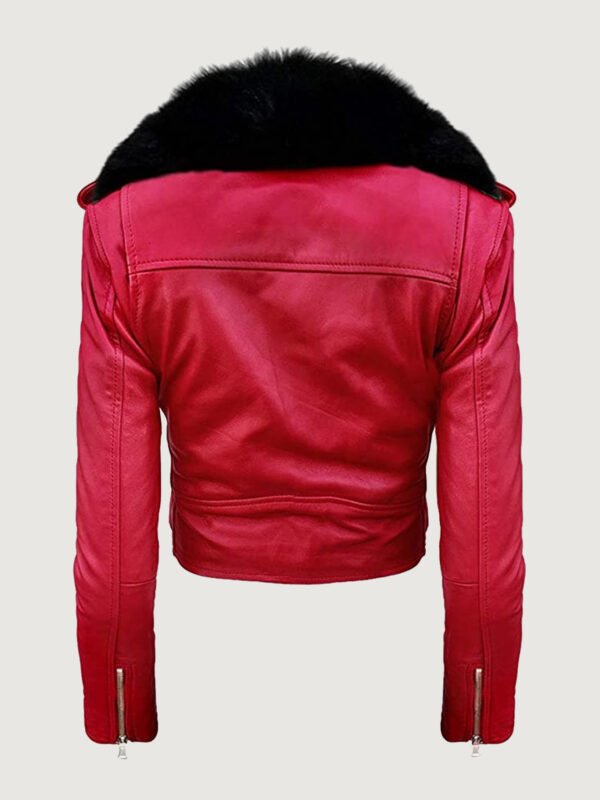 Detachable Genuine Fur Collar Moto Leather Jacket in Red