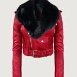 Detachable Genuine Fur Collar Moto Leather Jacket in Red