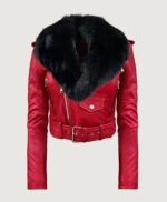 Detachable Genuine Fur Collar Moto Leather Jacket in Red