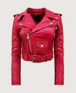 Detachable Genuine Fur Collar Moto Leather Jacket in Red