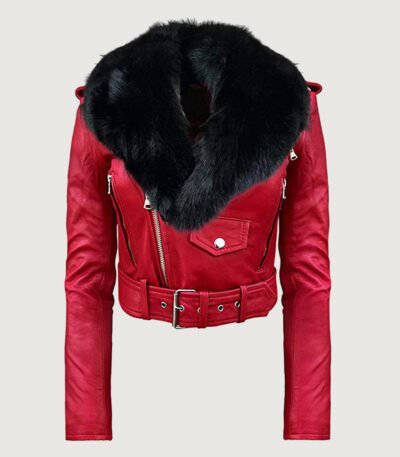 Detachable Genuine Fur Collar Moto Leather Jacket in Red