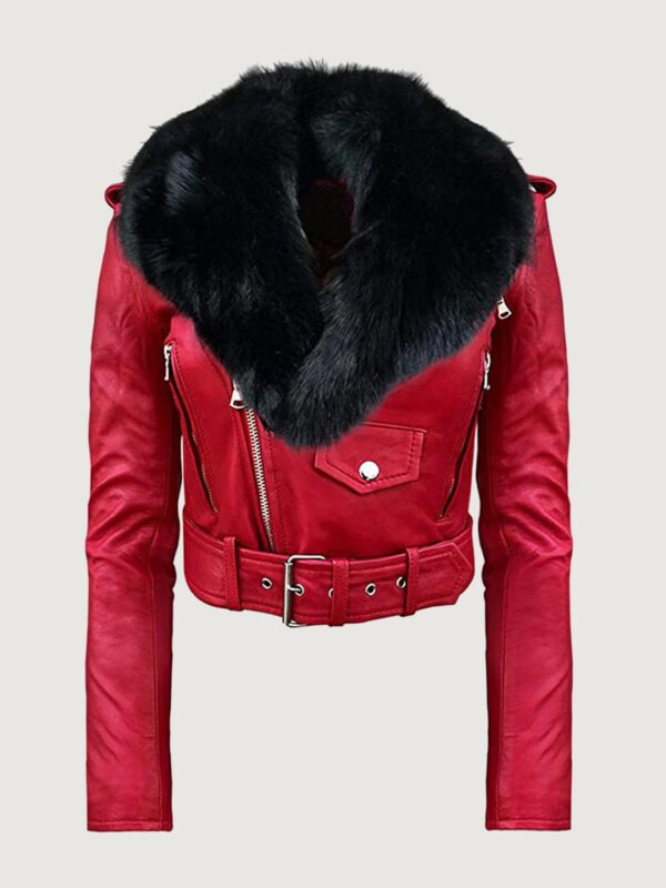 Detachable Genuine Fur Collar Moto Leather Jacket in Red