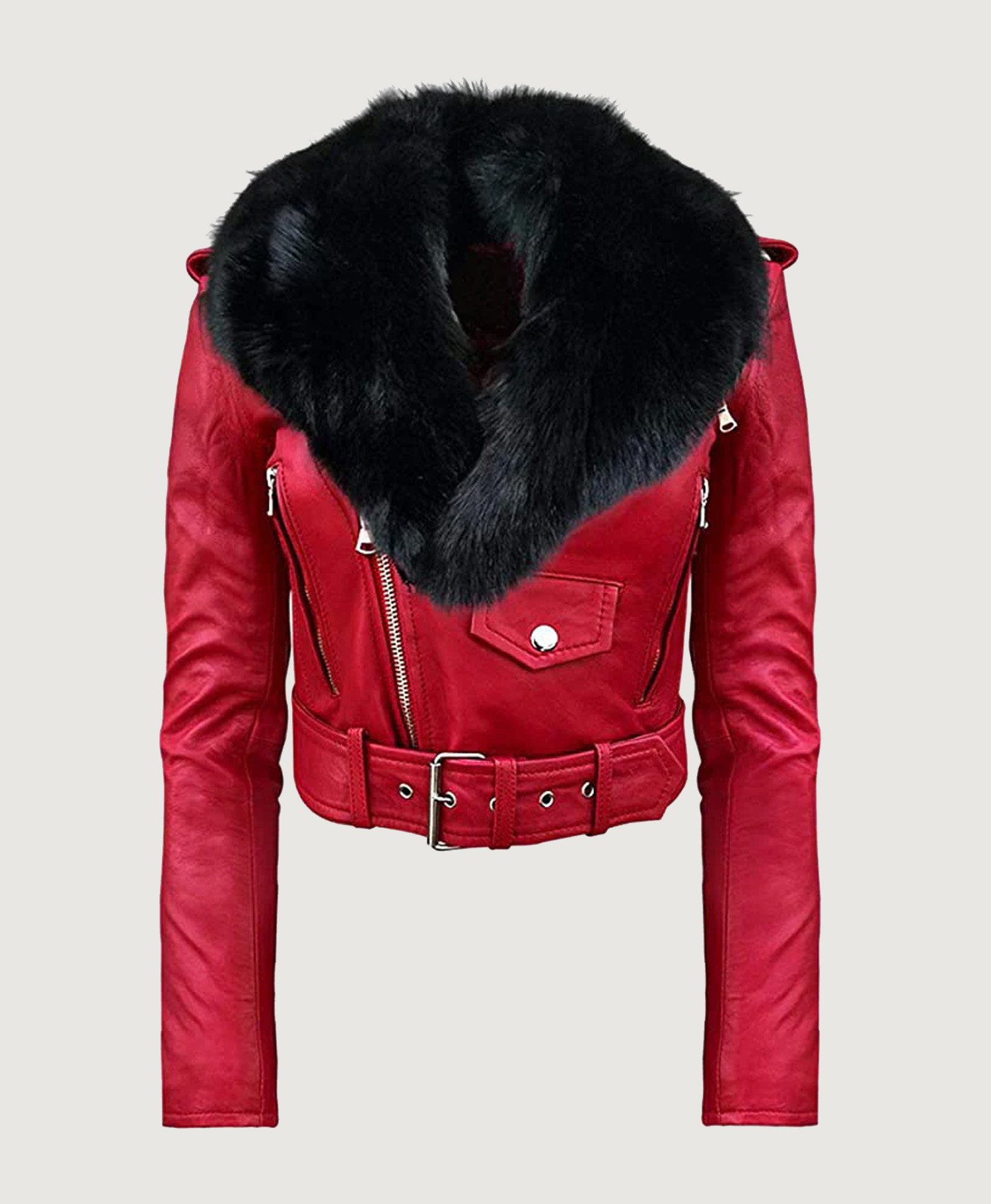 Detachable Genuine Fur Collar Moto Leather Jacket in Red Detachable Genuine Fur Collar Moto Leather Jacket in Red