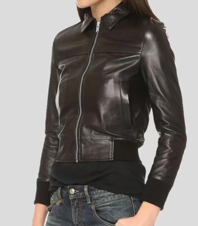 Eclipse Womens Black Leather Bomber Jacket