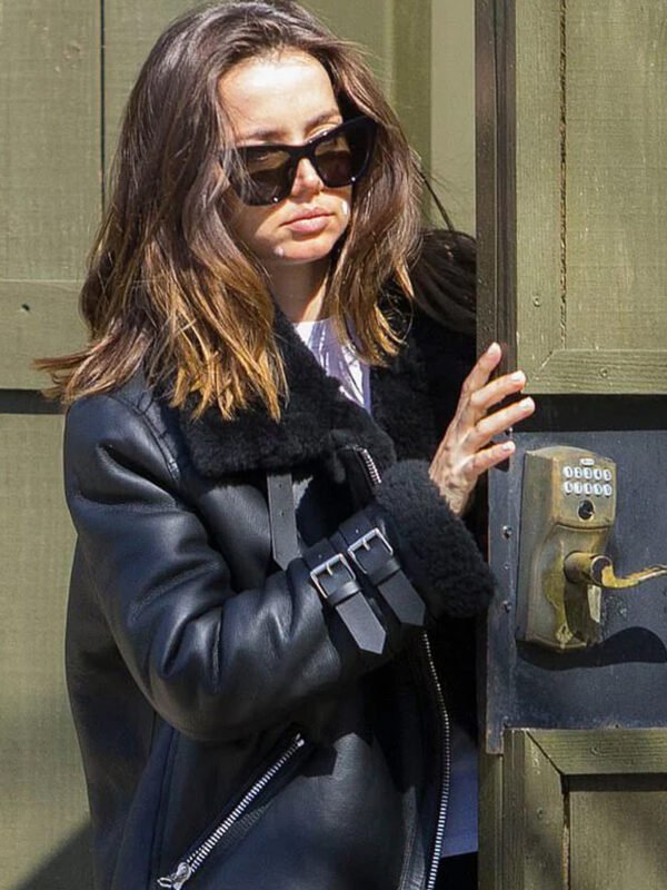 Elegant Black Ana de Armas 2023 Fur Leather Jacket