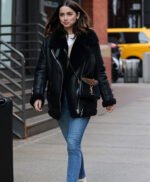 Elegant Black Ana de Armas 2023 Fur Leather Jacket