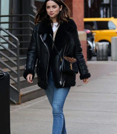 Elegant Black Ana de Armas 2023 Fur Leather Jacket