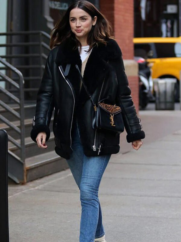 Elegant Black Ana de Armas 2023 Fur Leather Jacket