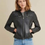 Elegant Diamond Black Hooded Real Leather Jacket