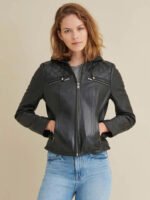 Elegant Diamond Black Hooded Real Leather Jacket