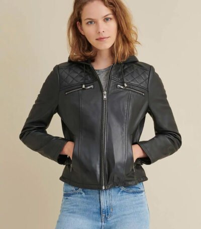 Elegant Diamond Black Hooded Real Leather Jacket