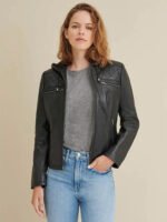 Elegant Diamond Black Hooded Real Leather Jacket