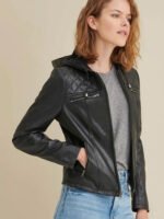 Elegant Diamond Black Hooded Real Leather Jacket