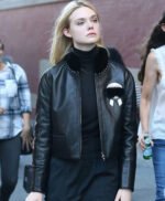 Elle Fanning Genuine Fur Black Leather Jacket