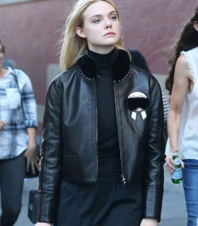 Elle Fanning Genuine Fur Black Leather Jacket