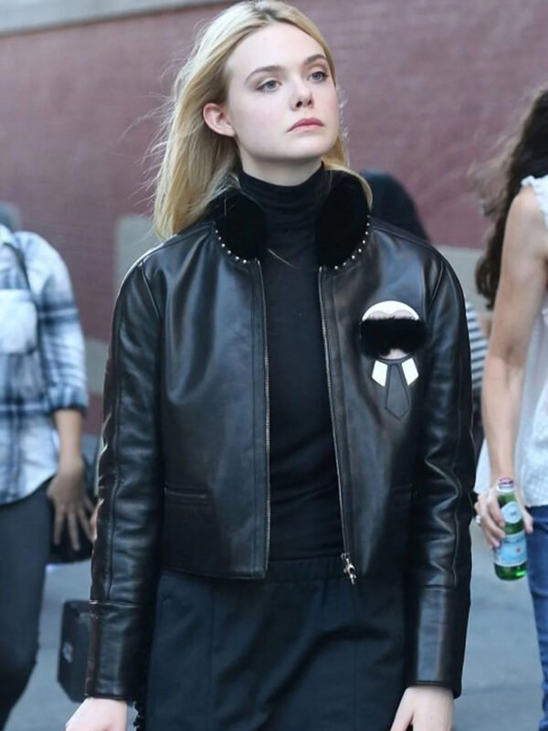 Elle Fanning Genuine Fur Black Leather Jacket