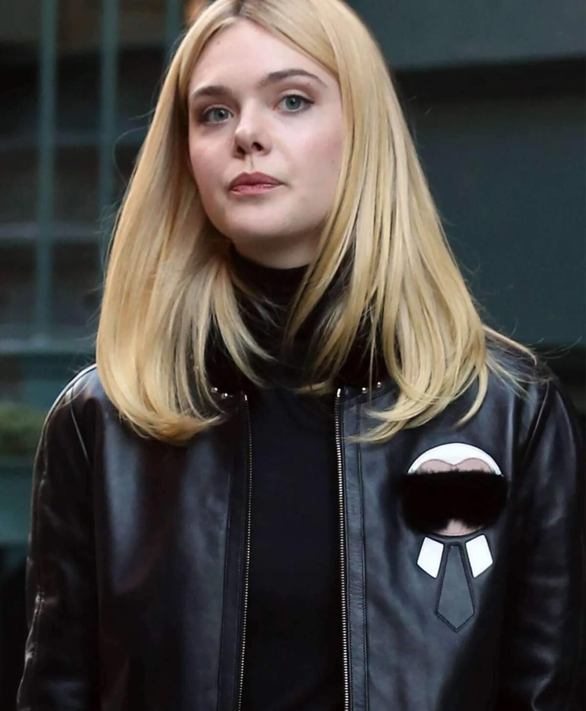 Elle Fanning Genuine Fur Black Leather Jacket