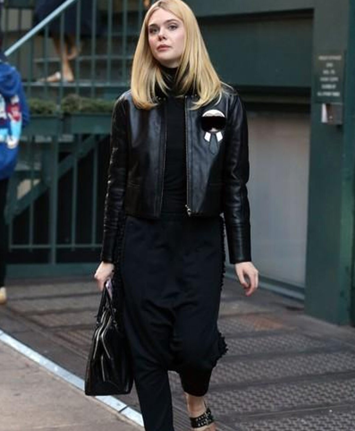 Elle Fanning Genuine Fur Black Leather Jacket