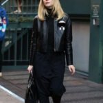 Elle Fanning Genuine Fur Black Leather Jacket