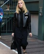 Elle Fanning Genuine Fur Black Leather Jacket