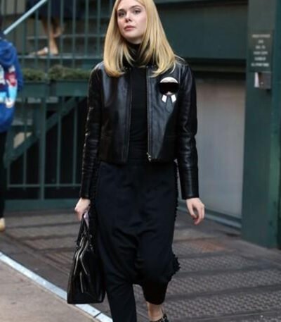 Elle Fanning Genuine Fur Black Leather Jacket