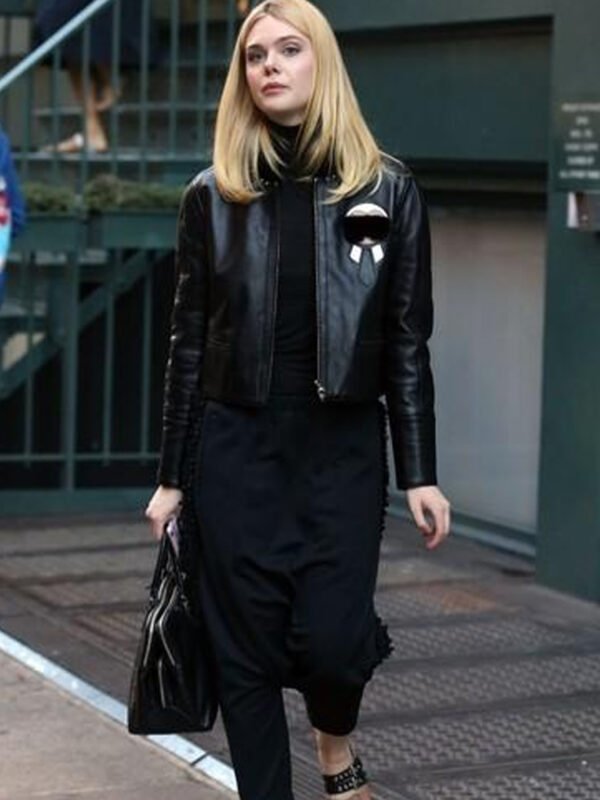 Elle Fanning Genuine Fur Black Leather Jacket