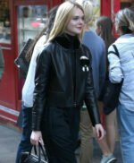 Elle Fanning Genuine Fur Black Leather Jacket