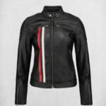 Fashionable Black Leather Biker Jacket with White and Red Stripes
