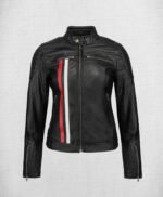 Fashionable Black Leather Biker Jacket with White and Red Stripes