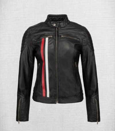 Fashionable Black Leather Biker Jacket with White and Red Stripes