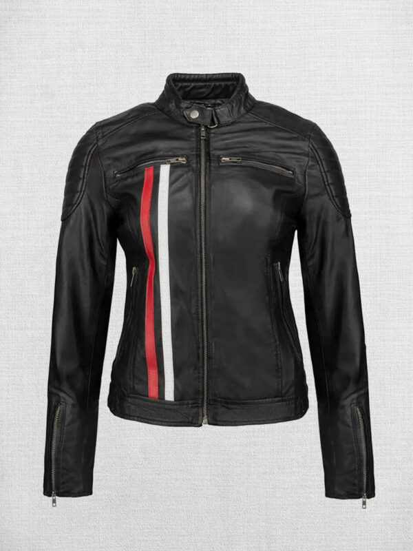 Fashionable Black Leather Biker Jacket with White and Red Stripes
