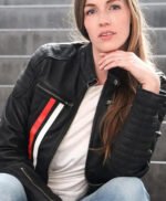 Fashionable Black Leather Biker Jacket with White and Red Stripes