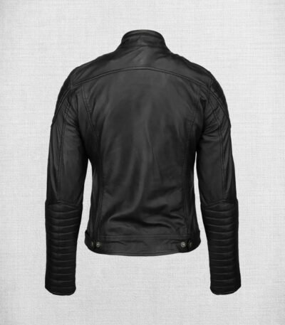 Fashionable Black Leather Biker Jacket with White and Red Stripes