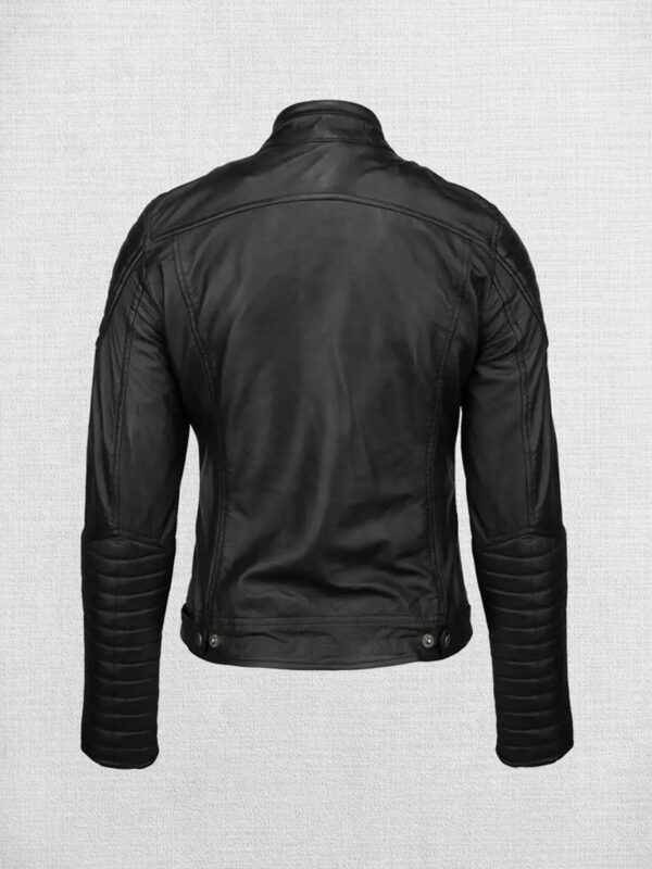 Fashionable Black Leather Biker Jacket with White and Red Stripes