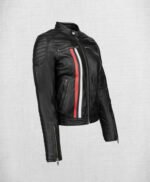 Fashionable Black Leather Biker Jacket with White and Red Stripes