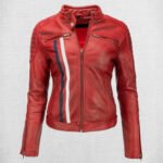 Fashionable Red Leather Biker Jacket with White and Red Stripes