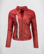 Fashionable Red Leather Biker Jacket with White and Red Stripes