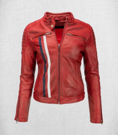Fashionable Red Leather Biker Jacket with White and Red Stripes