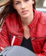 Fashionable Red Leather Biker Jacket with White and Red Stripes