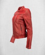 Fashionable Red Leather Biker Jacket with White and Red Stripes