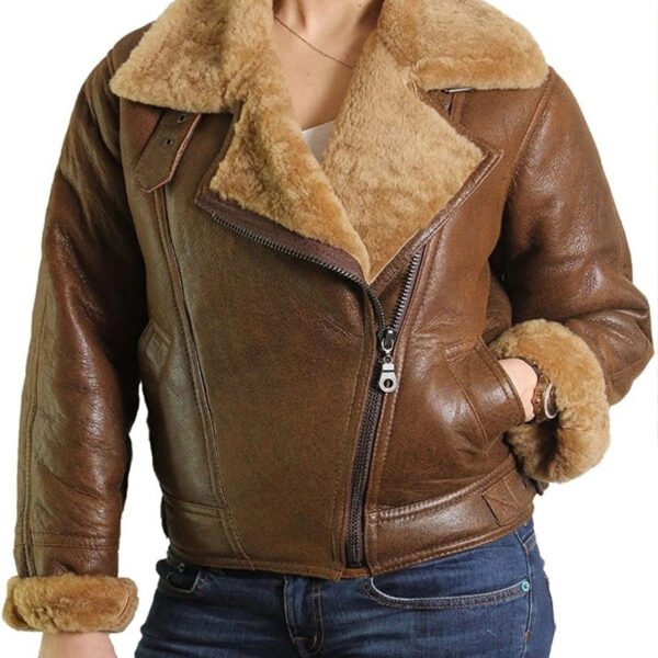Female Faux Fur Shearling Bomber Aviator Leather Jacket