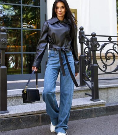 Stylish Belted Black Leather Jacket