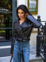 Stylish Belted Black Leather Jacket