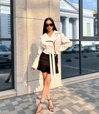 Stylish Belted White Leather Jacket