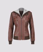 Women Hooded Brown Leather Jacket