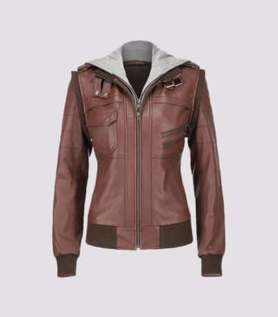 Women Hooded Brown Leather Jacket